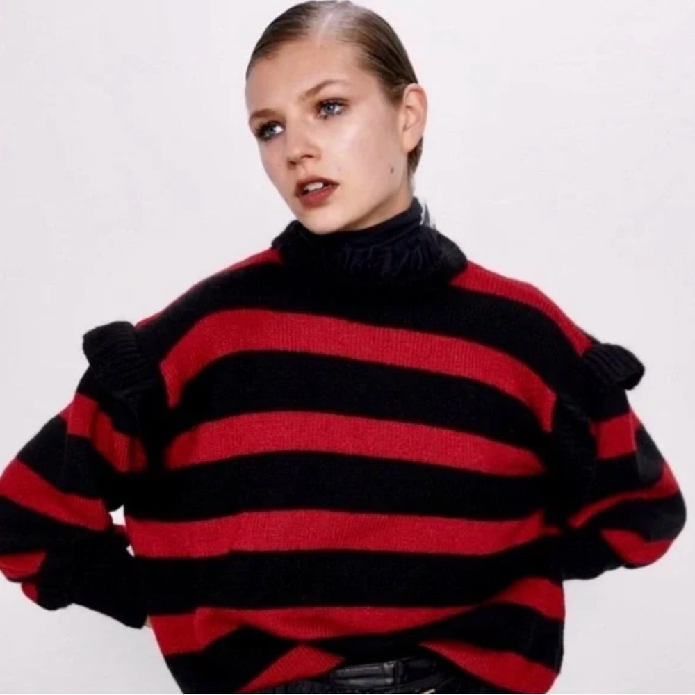 Zara Red/Black Striped Mohair Knit Sweater Detachable Tulle Collar NWT S - Picture 4 of 15